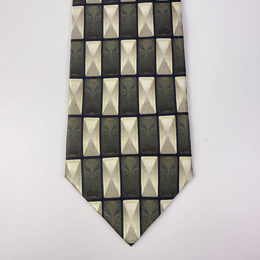 Bergamo New York Mens Handmade Pure‎ Silk Necktie Olive Green Gold Geometric